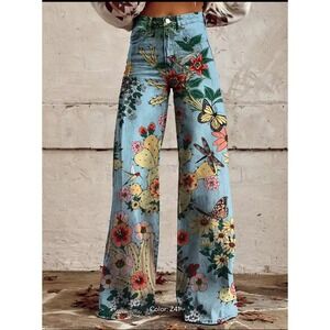 Floral Print Wide Leg Pants High Waist Boho‎ Festival Trousers Size L